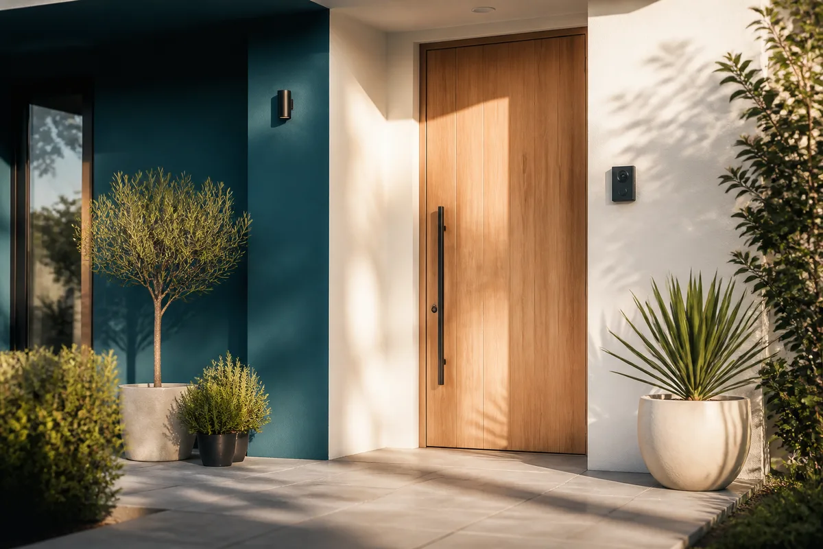 Sonnette vidéo connectée fixée près d'une porte d'entrée de maison